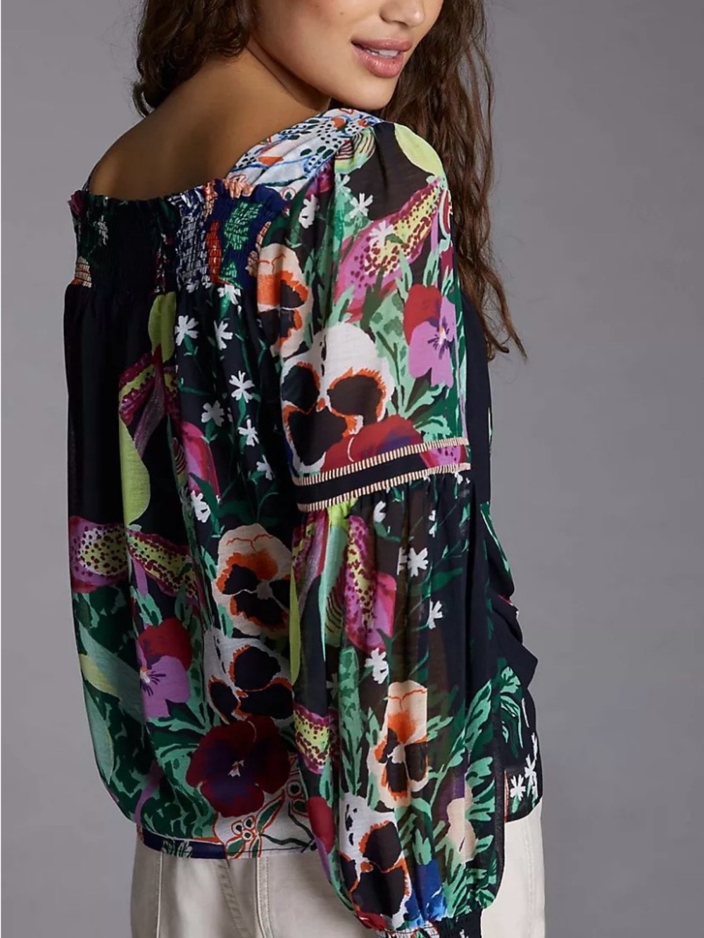 Anthropologie Lil Sire Puffed Sleeve Dark Garden Blouse. Midnight floral. Boho.